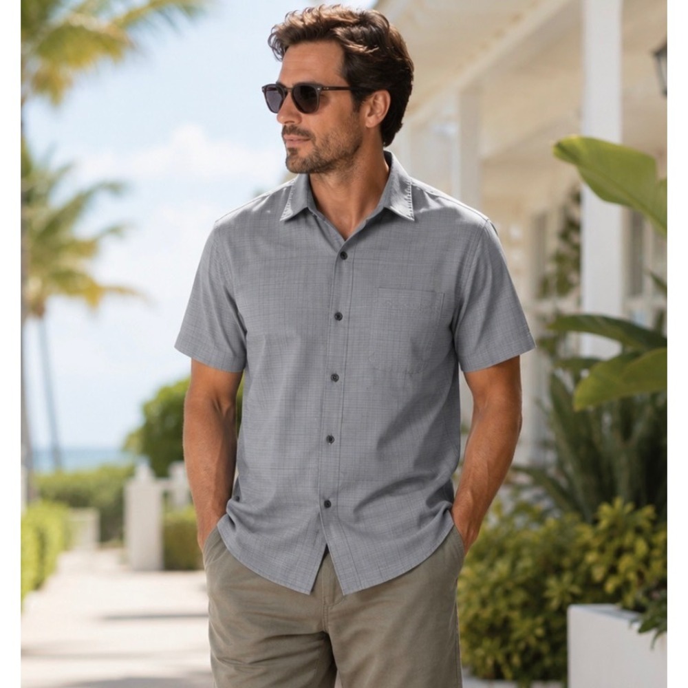 Alfani Mens‎ Large Grey Textured Grid Button Down Shirt Short Sleeve Rayon Blend